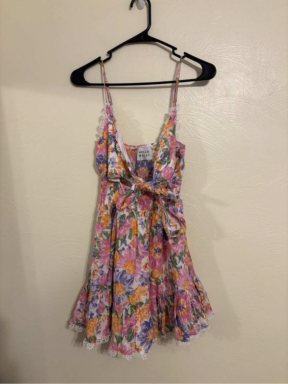 Hello Molly Floral Mini Dress Size S 4 Pink Orange Lace Trim Tie Front